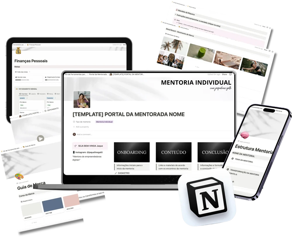 Portais, planners e ferramentas do Combo da Mentora em notebook, tablet e celular