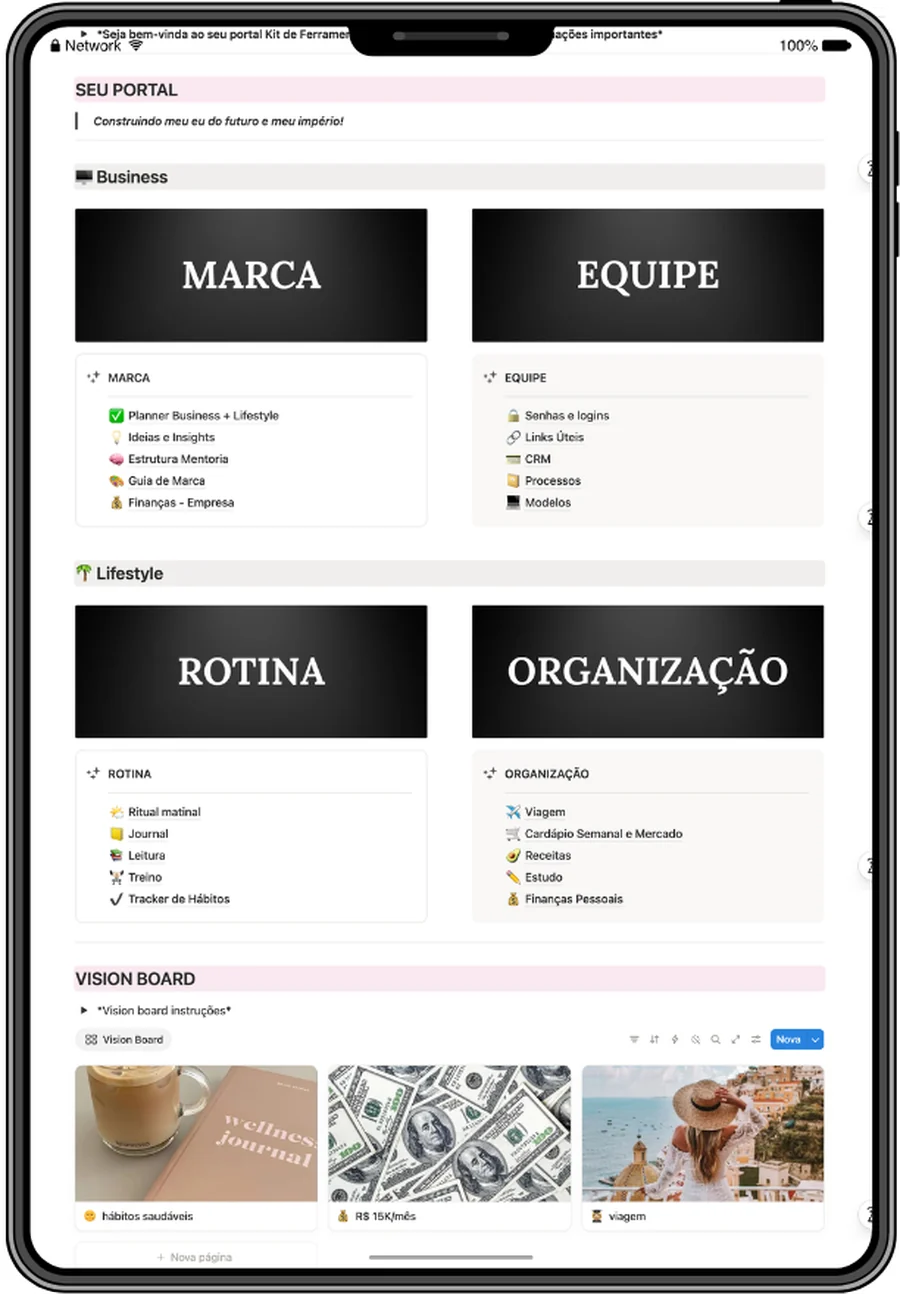 Portal da Mentora no Notion aberto no tablet