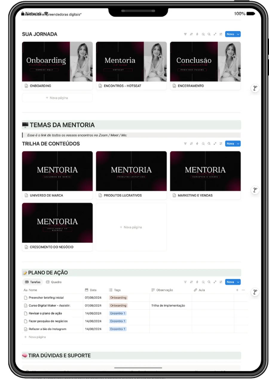 Portal da Mentorada no Notion aberto no tablet